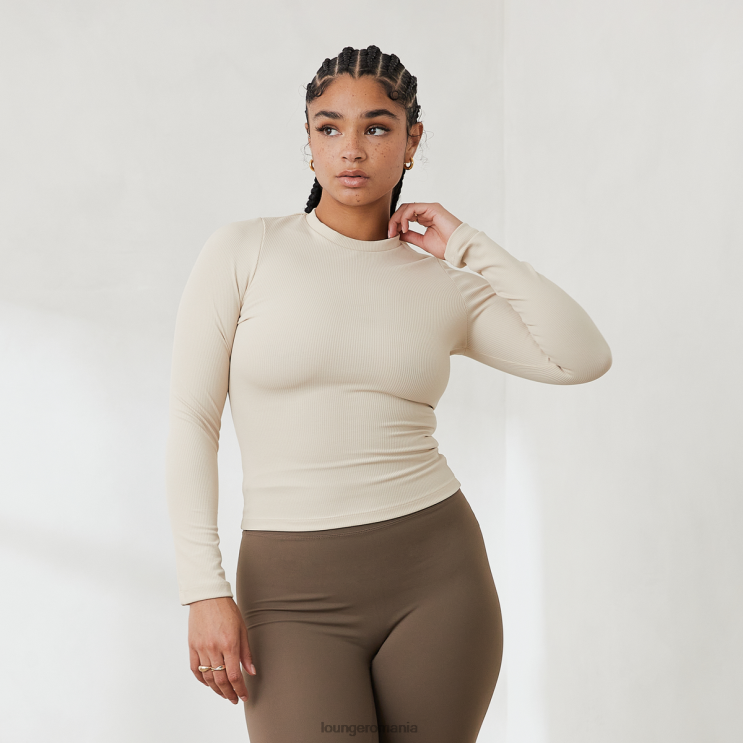 Lounge îmbrăcăminte femei top esențial cu mâneci lungi cu nervuri H84P842 cremă