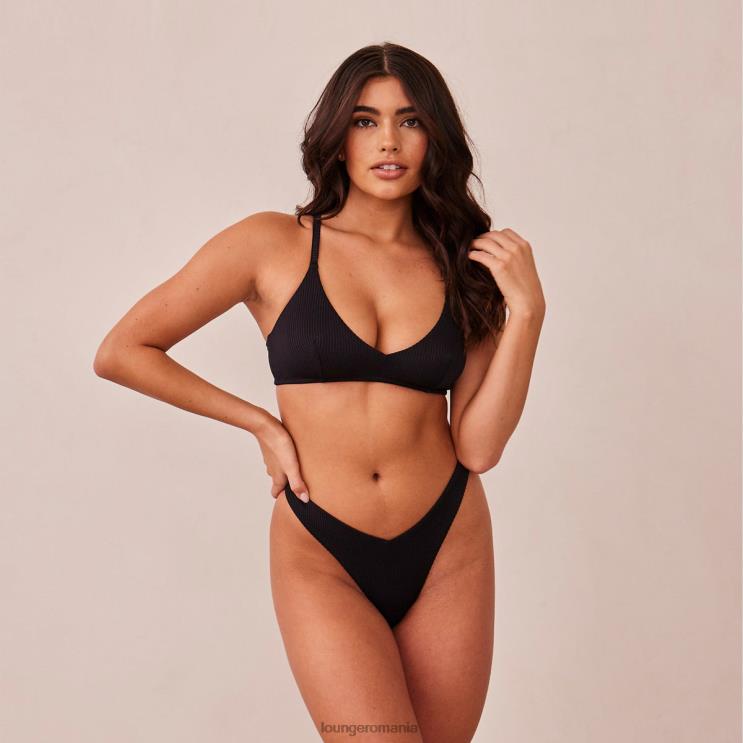 Lounge lenjerie femei Set sutien triunghi cu nervuri și tanga/slip H84P233 negru