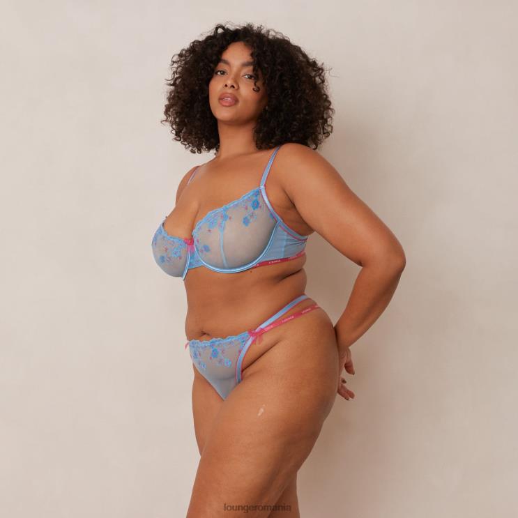 Lounge lenjerie femei Set sutien cu balcon brodat floral și tanga/slip H84P94 albastru