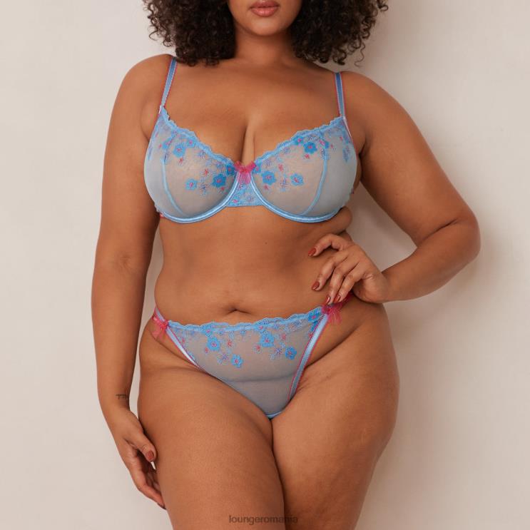 Lounge lenjerie femei Set sutien cu balcon brodat floral și tanga/slip H84P94 albastru